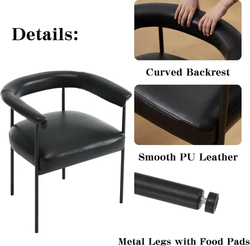 Miniatura 7 de LukeAlon Juego de 2 sillas de comedor de piel sintética, silla de cocina tapizada con respaldo abierto con patas de metal negro, respaldo curvado