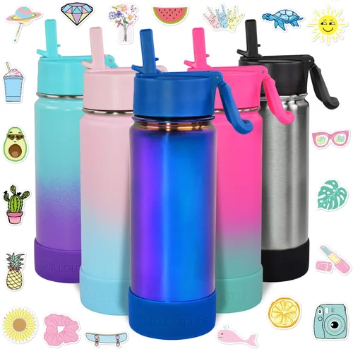 CHILLOUT LIFE Botella de agua aislada para niños de 17 onzas para la escuela con tapa con pajilla, a prueba de fugas y bonitas calcomanías Azul