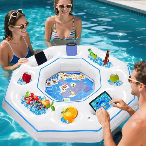 Miniatura 8 de Mesa de juego inflable octogonal con naipes impermeables, juegos inflables de bar de piscina para adultos, bandeja de mesa de bar portátil flotante