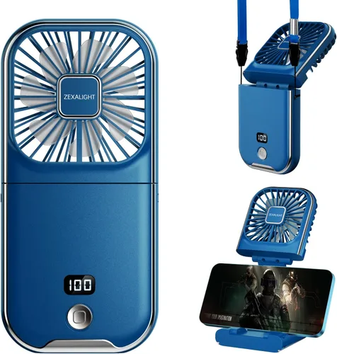 Ventilador de mano portátil 5 en 1 recargable por USB, ventilador de collar, ventilador de escritorio, soporte plegable para teléfono, flujo de aire