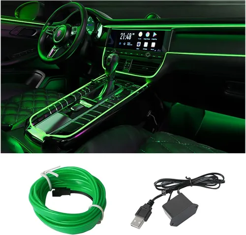 Miniatura 20 de Tira de luces LED de cable EL, tira de luz de neón automática USB de 10 pies/3M con borde de costura, kits de iluminación ambiental