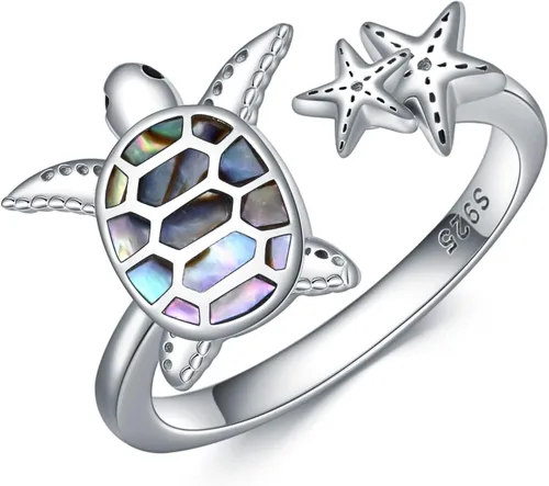 SLIACETE Anillo de tortuga con estrella de mar de plata de ley 925 con anillo de tortuga para mujeres, talla 7, no conocido