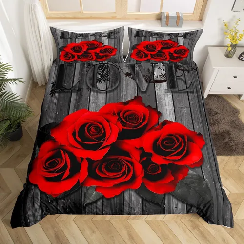 Miniatura 24 de Juego de funda de edredón para parejas, juego de ropa de cama de corazón de amor rojo, juego de funda de edredón romántica para boda, regalo