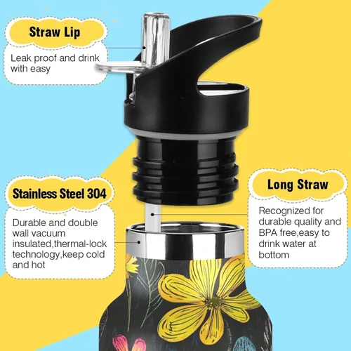 Miniatura 3 de Insulated Water Bottle with Straw Colorful Flowers Double Wall Vacuum Insulated Lightweight for Sport Gym Outdoor Travel School