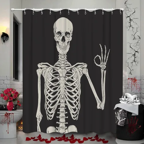 Miniatura 11 de Bonita cortina de ducha de Halloween, fantasmas divertidos y espeluznantes, juego de cortina de ducha de poliéster blanco y negro con 12 ganchos