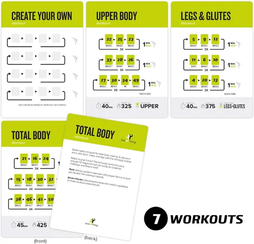 Miniatura 3 de Juego de 62 tarjetas de ejercicio de cuerda de batalla para entrenamientos en casa, con tarjetas de entrenamiento de fuerza guiadas para el hogar