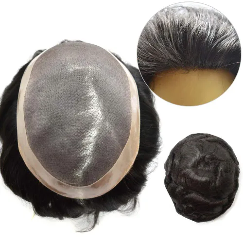 Miniatura 17 de Peluca de cabello humano monofilamento fino para hombre tipo tupé de polietileno alrededor del sistema de cabello, peluca duradera de monofilamento