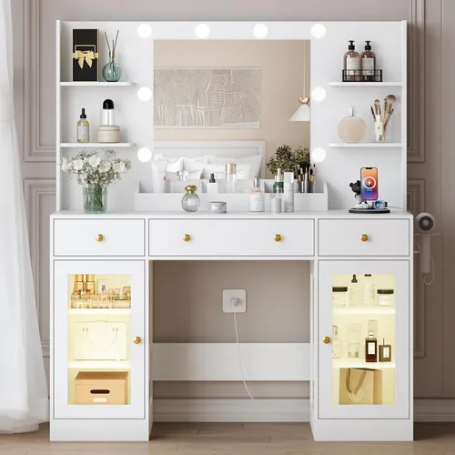 Miniatura 10 de HUANLEGO Escritorio de tocador con espejo y luces, tocador de maquillaje con espejo y luces LED y toma de corriente, 3 cajones y armarios, 3 modos