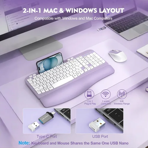 Miniatura 6 de Combo de teclado y mouse inalámbrico, teclado ergonómico de tamaño completo con teclas de onda, reposa muñeca acolchado, soporte para teléfono