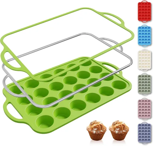 Miniatura 27 de 2 paquetes de 12 tazas de molde para magdalenas de silicona para hornear con marco reforzado de metal, molde para cupcakes de tamaño regular, Crema