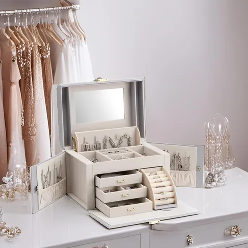 Miniatura 5 de Vlando Organizador de caja de joyería con espejo, caja de almacenamiento de joyería de cuero, collares, aretes, anillos, soportes, soporte de caja