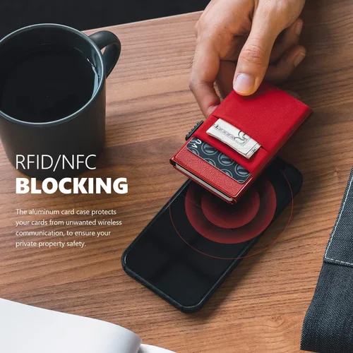 Miniatura 23 de VULKIT Billetera minimalista con ventana de identificación y bolsillo EDC con bolsillo desplegable para tarjetas de crédito y bloqueo RFID, diseño