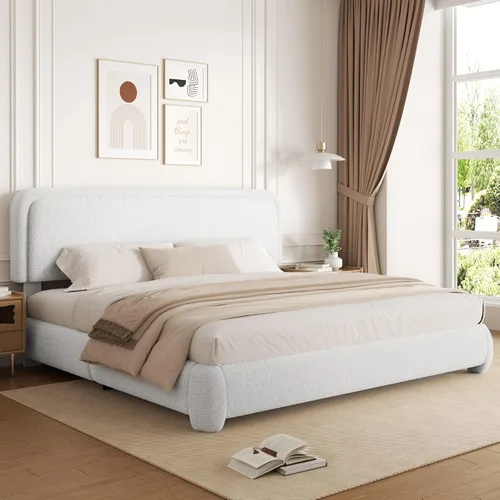 Miniatura 11 de Base de cama de tamaño Full con tapizado de bouclé, plataforma tapizada con cabecera, anticolisión con esquinas redondeadas suaves, no requiere