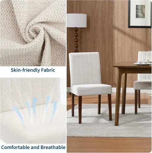 Miniatura 6 de Juego de 2 sillas de comedor tapizadas, sillas laterales de cocina de tela moderna con patas de madera resistentes, diseño Parsons, cómodo lino