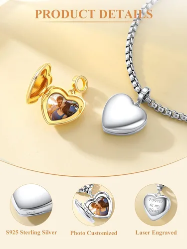 Miniatura 3 de Custom4U Photo Charms for Bracelets 925 Sterling Silver/Gold Plated Heart/Tree of Life/Round Charm Bead Personalized with Picture Custom