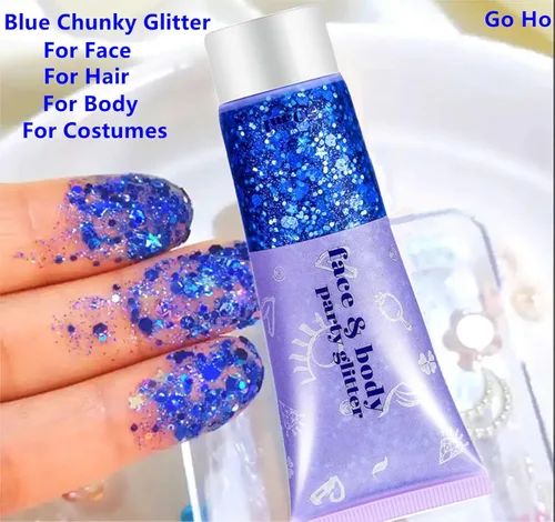 Miniatura 5 de Go Ho Brillantina azul para rostro y cuerpo, pintura facial azul de Halloween, gel brillante de sirena, lentejuelas gruesas holográficas para ojos