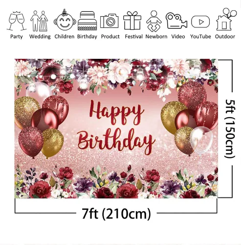 Miniatura 4 de Mocsicka Telón de fondo floral de feliz cumpleaños, flores burdeos, oro rosa, fondo de fotos con purpurina, vinilo para niñas y mujeres, decoración