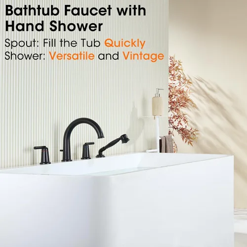 Miniatura 2 de WT-9808BK WT-9808BK - Kit de ajuste para grifo de bañera con ducha de mano y válvula de montaje en cubierta de 4 agujeros de alto flujo clásico