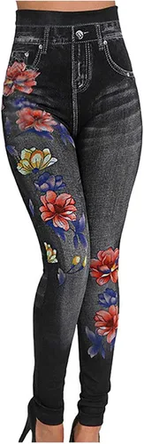 BLUKIDS Leggings con aspecto de jean para mujer, de verano, cintura alta, control de abdomen, con bolsillos traseros, casuales, ajustados,