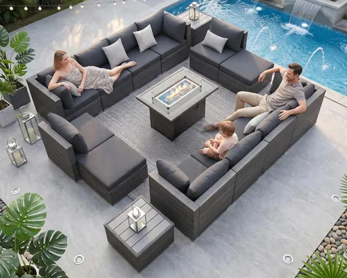 Miniatura 36 de NICESOUL Juego de muebles de patio para exteriores de 7 piezas con mesa para hoguera, gas natural y propano convertible, respaldo alto de 29.3