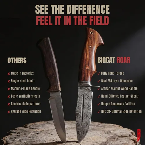 Miniatura 2 de BIGCAT ROAR Beast Hunter - Cuchillo de caza de hoja fija de acero de Damasco hecho a mano de 10" - Mango de madera de nogal y funda de cuero