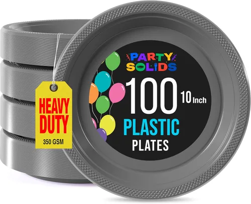 Miniatura 8 de Exquisitos platos de plástico rojo Party Solids para fiesta, platos desechables rojos de 9 pulgadas, juego de vajilla de plástico resistente, 100