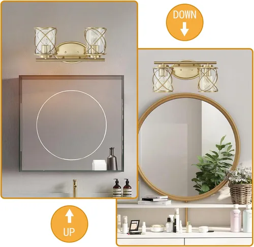 Miniatura 3 de mavcadonf Luces de Tocador de Baño de 2 Luces, Lámparas de Baño sobre el Espejo, Luz de Tocador Dorado Cepillado, Luces de Pared de Estilo Rústico