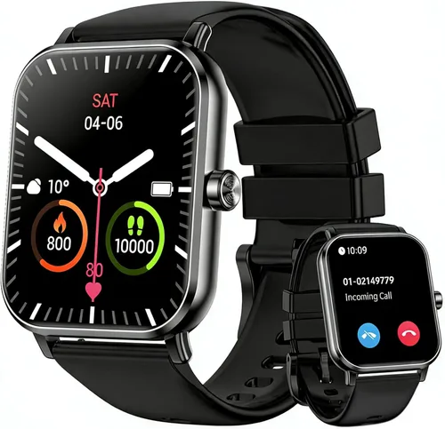 Reloj inteligente, rastreador de fitness HD de 1.85 pulgadas con llamadas Bluetooth, 5 ATM impermeable, monitor de frecuencia cardíaca 24/7, Negro