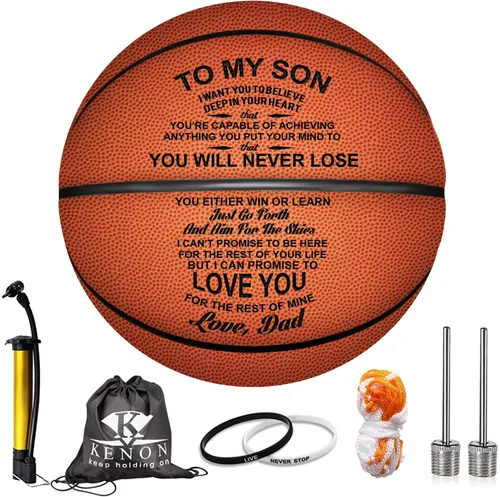 Baloncesto grabado de 29.5 pulgadas, pelota de juego personalizada para interiores y exteriores para hijo y nieto, nunca perderás, regalo de aliento