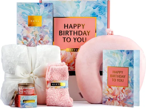 Cesta de regalo de cumpleaños para mujeres - Cesta de regalo de cumpleaños feliz para ella con almohada de espuma viscoelástica, manta, vela,