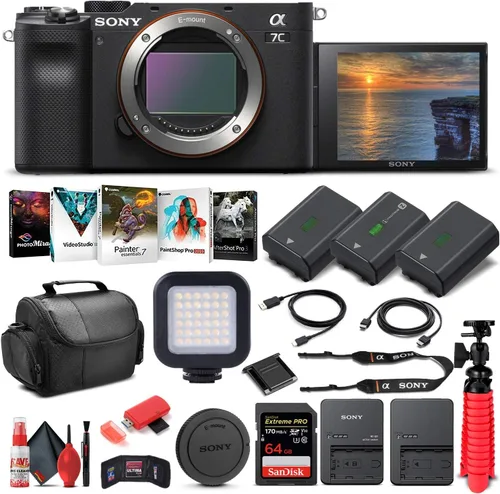Sony Cámara digital sin espejo Alpha a7C (solo cuerpo, negro) (ILCE7C/B) + tarjeta de 64 GB + 2 baterías NP-FZ-100 + software de foto Corel +