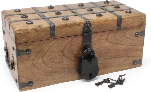 Miniatura 9 de Nautical Cove - Cofre del tesoro de madera con cerradura de hierro antigua y llave de esqueleto (XS, 5 x 3 x 2) - Almacenamiento y decoración
