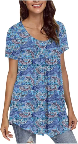 Miniatura 4 de Stessotudo Fashion Casual Tunic Tops for Women Crewneck Short Sleeve Long Blouse Floral Print Loose Fit Summer Flowy Shirts