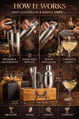 Miniatura 6 de Juego de coctelera personalizada con soporte de bambú, kit de camarero profesional de 12 piezas, juego de herramientas de barra de acero inoxidable