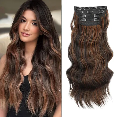 Miniatura 34 de Extensiones de cabello con clip de Vigorous de 20 pulgadas, con reflejos rubio playa, extensiones de cabello ondulado largo y suave de cabello