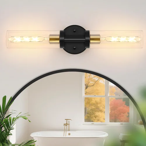 Baocuz Lámparas de baño de 2 luces sobre espejo, luces de tocador negras y doradas para baño, apliques modernos con vidrio transparente para baño,