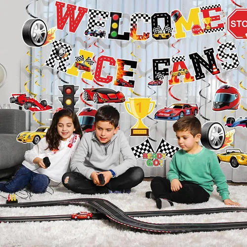 Miniatura 7 de Kit de 26 piezas de decoración de fiesta de coches de carreras, pancarta de bienvenida para fanáticos de las carreras y serpentinas de techo