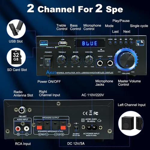 Miniatura 2 de AK45 Amplificador de audio estéreo para el hogar, mini receptor Bluetooth 5.0, amplificador de potencia estéreo de alta fidelidad Blutooth de 300 W