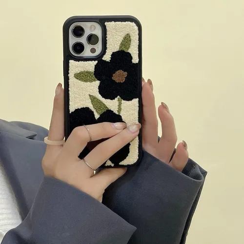 Miniatura 4 de Bonita funda para teléfono compatible con iPhone 14 Pro, diseño femenino retro de flores negras con diseño floral, delgada, suave y esponjosa, Black
