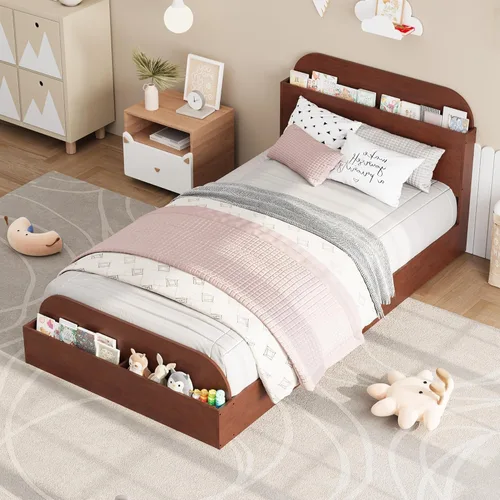 Miniatura 6 de Estructura de cama Garvee tamaño individual con cabecero y estribo – Cama de plataforma baja para niños, diseño de piso doble de madera, sin ruido