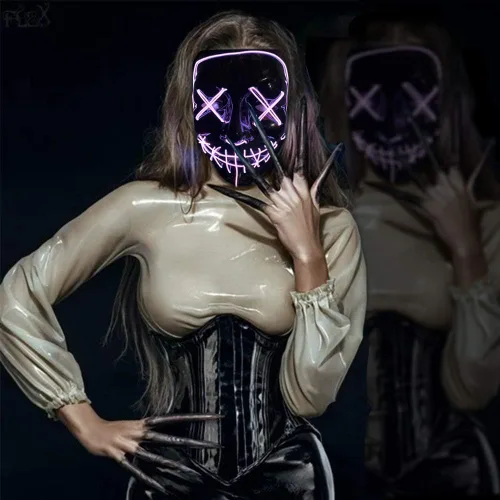 Miniatura 6 de Poptrend Máscara de Halloween con luz LED para festivales, cosplay, disfraces de Halloween, fiestas de máscaras, carnaval, regalos Morado