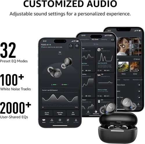 Miniatura 7 de TOZO Auriculares inalámbricos A1 Bluetooth 5.3 de peso ligero en el oído IPX5 Auriculares impermeables 2 micrófonos para llamadas AI, auriculares