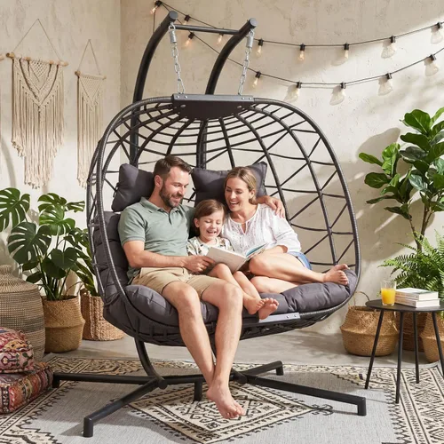 Miniatura 12 de RADIATA Silla colgante de huevo para 2 personas con soporte, silla de huevo doble para exteriores con canasta plegable, silla columpio de mimbre XL