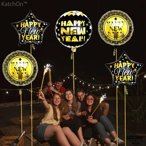 Miniatura 8 de KatchOn, Globos negros y dorados de Año Nuevo – 18 pulgadas, paquete de 5 Globos de feliz año nuevo para suministros de fiesta de Año Nuevo 2025
