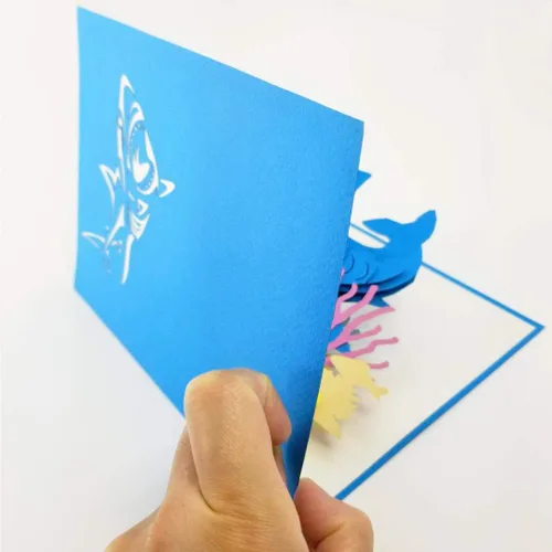 Miniatura 3 de Tarjeta desplegable de tiburón blanco, tarjeta de felicitación emergente 3D – Tarjeta desplegable de cumpleaños en el océano, felicitaciones
