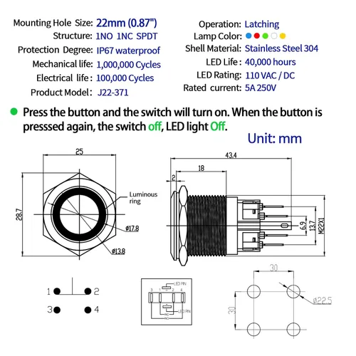 Miniatura 2 de 2 interruptores de botón de cierre de 0.866 in, 7/8 pulgadas, 110 V-120 V, SPDT, interruptor de encendido y apagado, impermeable, IP67, acero Azul