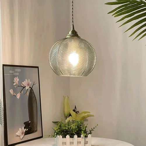 Miniatura 3 de Luces colgantes de cristal de cúpula vintage, lámpara colgante moderna de globo verde de mediados de siglo, cable ajustable de latón cepillado