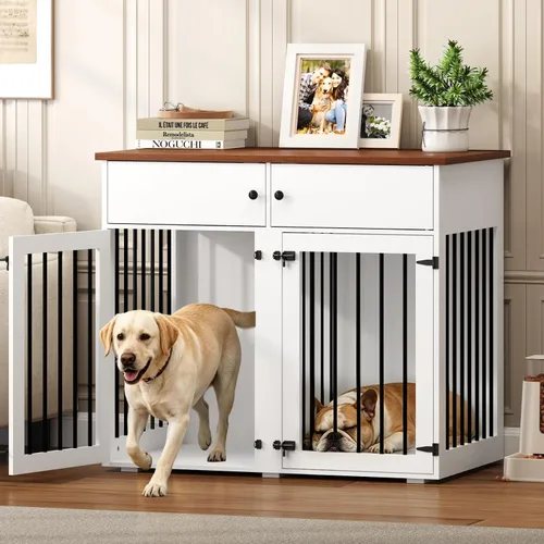 Mueble de jaula para perros grande, perrera de interior de 41 pulgadas con divisor removible y puertas dobles, jaulas de madera para perros para 2