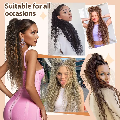 Miniatura 4 de Flufymooz Extensión de cola de caballo, 22 pulgadas, estilo bohemio, con cordón, extensiones de cabello para mujer, cola de caballo larga, rizada