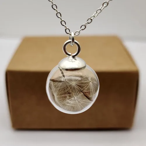 Miniatura 2 de Collar de cadena de plata de ley 925 con colgante de bola de cristal de flor real de diente de león Make a Wish para mujer, hecho a mano